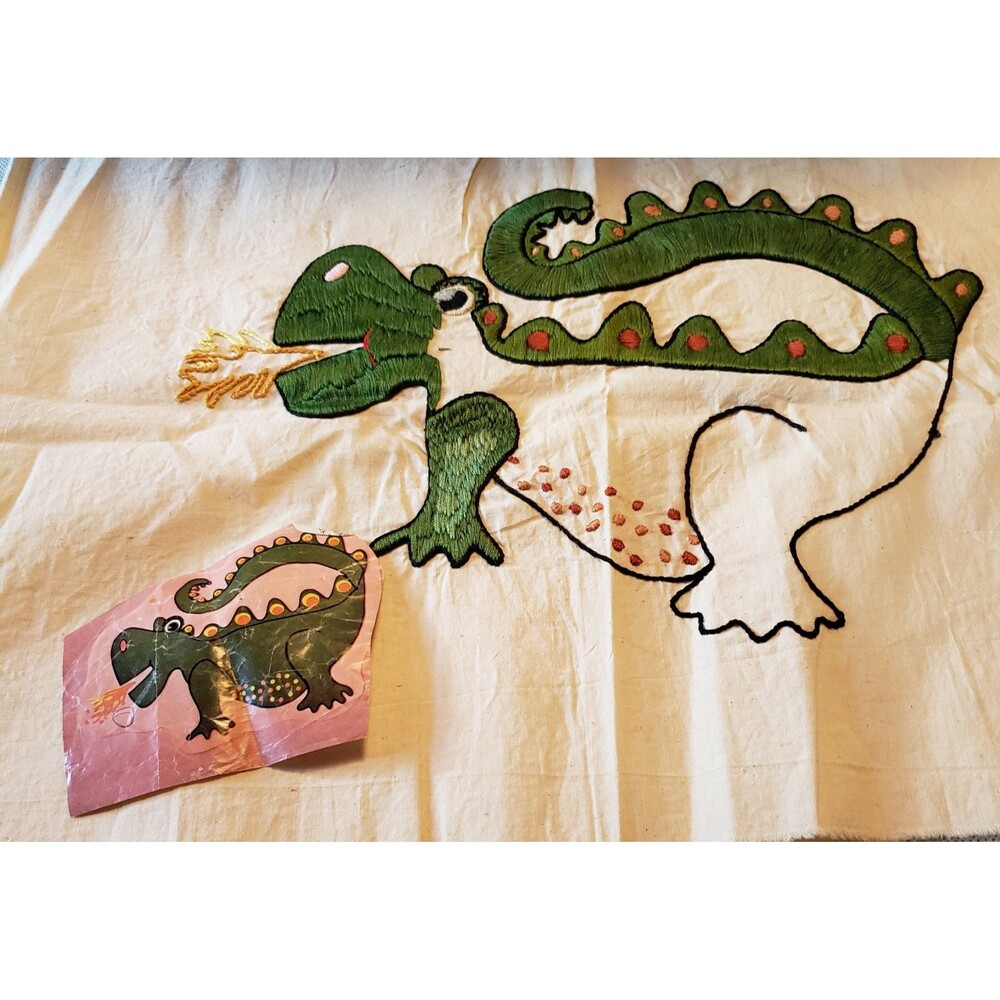 Handmade embroidered dragon UNFINISHED project. Pillow case maybe?